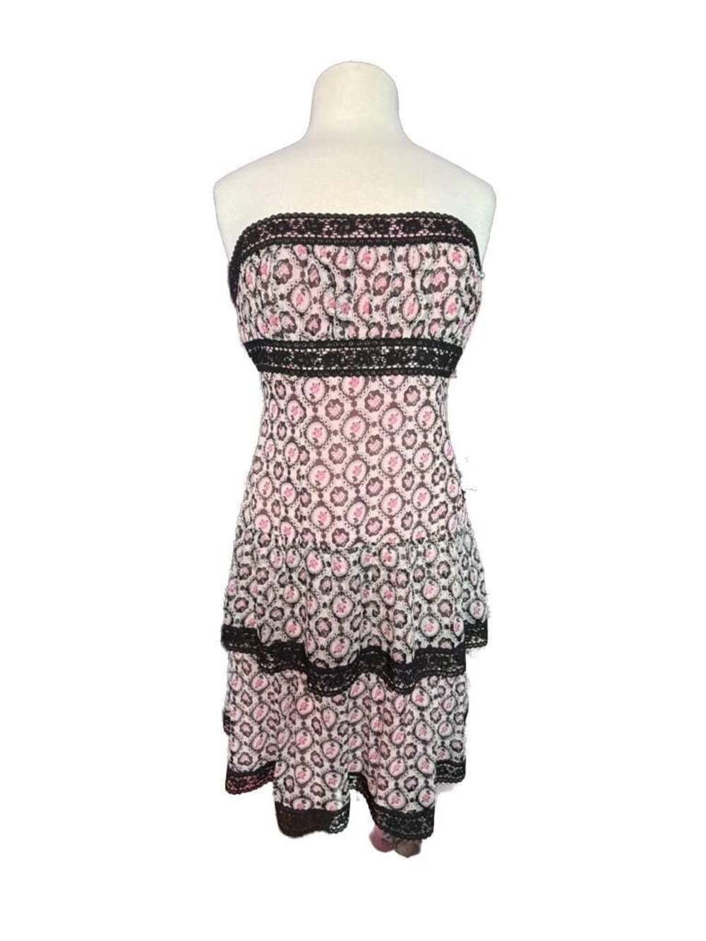 Nanette Lepore Silk Floral Lace Trim Strapless Tiered Dress Size 8